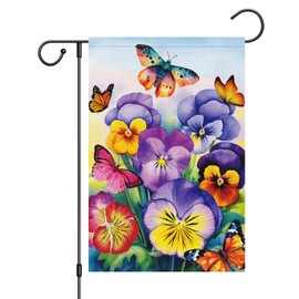 Louise Maelys Welcome Spring Garden Flag 12x18 Double Sided Vertical, Burlap Small Butterfly Pansy Floral Hello Garden Yard House Flags Outside Outdoor House Spring Summer Decoration (ONLY FLAG)