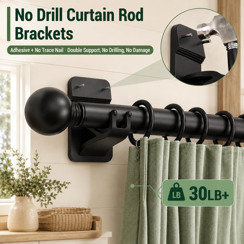 No Drill Curtain Rod Brackets, 8-Pack Adhesive Hooks with Invisible