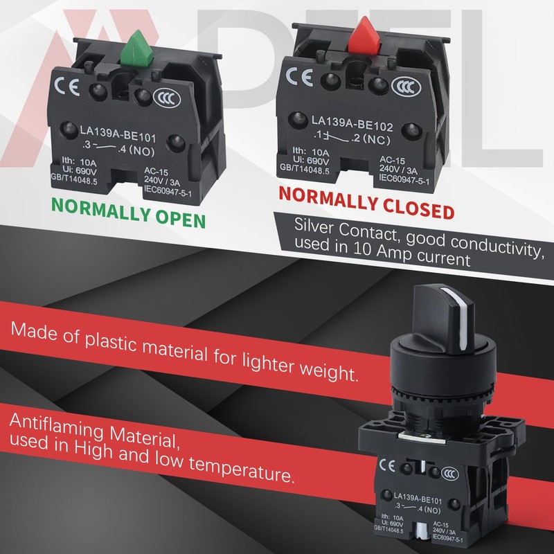 APIELE 2PCS 22MM 3 Position Selector Switch Momentary 1NO1NO LA139A-ED53