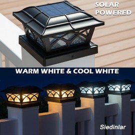 SIEDiNLAR Solar Post Cap Lights Outdoor Glass 2 Modes 8 LEDs for 4x4 5x5 6x6 Posts Deck Fence Patio Decoration Warm White/Cool White Lighting Black (2 Pack)