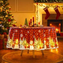 Light Up Christmas Tablecloth Round Xmas Checkered Snowman Table Cloth 60 Inch Fabric Table Cloths with Lights Waterproof Christmas Table Covers