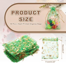 PATIKIL 50 Pcs 4x6 Inch Heart Printed Organza Bags, Green Sheer Heart Organza Bags with Drawstring for Christmas Candy Jewelry Party Wedding Favor Gift