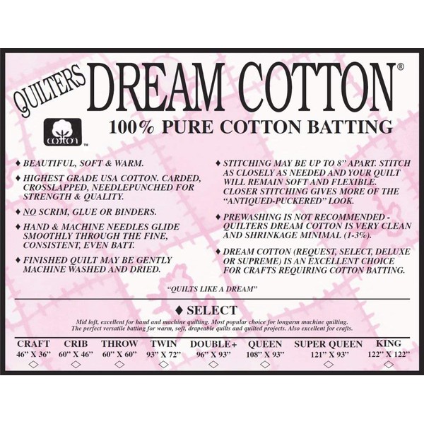 Quilters Dream Natural Cotton Select Batting (93in x 72in) Twin