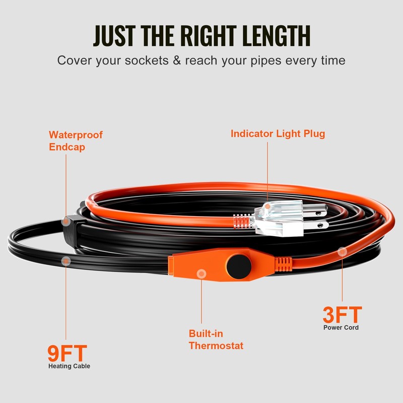 VEVOR Pipe Heating Cable, 9FT 7W/FT Heat Tape for Pipes