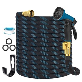 Garden Hose Non-Expandable 50 ft, Lightweight Flexible Water Hose with 10-Pattern Spray Nozzle, Leak Proof, Kink-Free, Portable Hose for Yard, Lawn, Camper, High-Density Fabric, Black Blue
