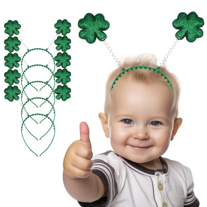 HIXNUG 5Pcs St. Patricks Day Headband Green Glitter Irish Shamrock