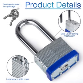 Dorlok Long Padlock with Key for Outdoor Use, Long Shackle Lock with 2 Keys, 2.6-inch, (Pack of 3 Locks and 6 Different Keys)