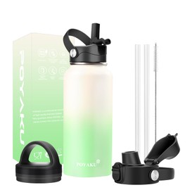 Water Bottle Insulated 32oz 40oz 64oz 128oz Straw Lid Spout Lid & 3 Lids, Leak Proof, Vacuum Insulated,Stainless Steel Water Bottle Wide Mouth for Sports, Gym or Office (Vanilla Green, 32 oz)