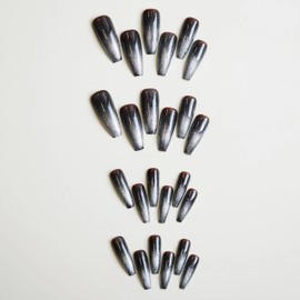 BABALAL Coffin Press on Nails Long Fake Nails Black Glue on Nails Cat Eye Acrylic Nails 24Pcs Ballerina Shiny Manicure Artificial False Nails for Women and Girls