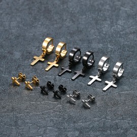 Womens Mens Cross Stud Earrings, Stainless Steel Earrings Set, Black Gold Silver 3 Pairs Set