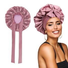 KUJUHA Bonnet for Curly Hair Silk Bonnet for Sleeping Women Satin Sleep Bonnet Double Layers Adjustable Bonet with Tie Band