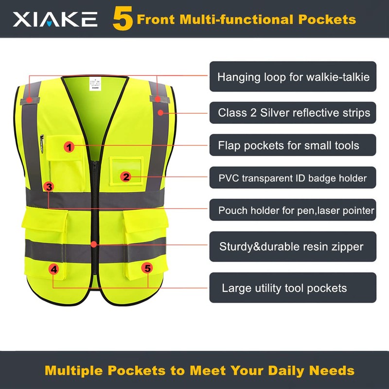 XIAKE 5 Pockets High Visibility Reflective Safety Vest for Men