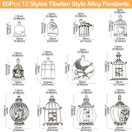 Ipotkitt 60 Pcs 12 Styles Antique Silver Birdcage Charms Vintage Spring Themed Animal Bird House Charms for DIY Craft Bracelet Jewellery Making