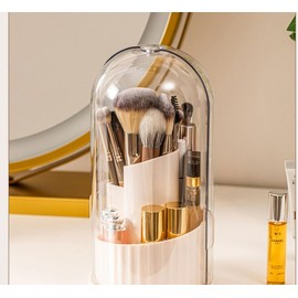 Yikisite Makeup Brush Holder with Rotating 3 Slots and Sliding Lid, Multi-Functional Bathroom Countertop Organizer for Toothbrush, Toothpaste, and Makeup Brushes