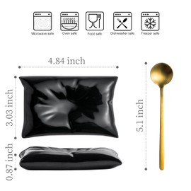 Cormomu Coffee Spoon Rest with Coffee Spoon, Ceramic Coffee Spoon Holder, Small Porcelain Spoon Rest for Tablespoon, Teaspoon, Bar Spoon, Coffee Bar Accessories, Pillow Shape Design, Black+Gold Spoon