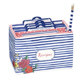 C.R. Gibson White and Blue Striped Floral Recipe Box, with Tab Dividers and Coordinating Recipe Cards, 53pc, 6.5'' W x 4.75'' H x 4.25'' D