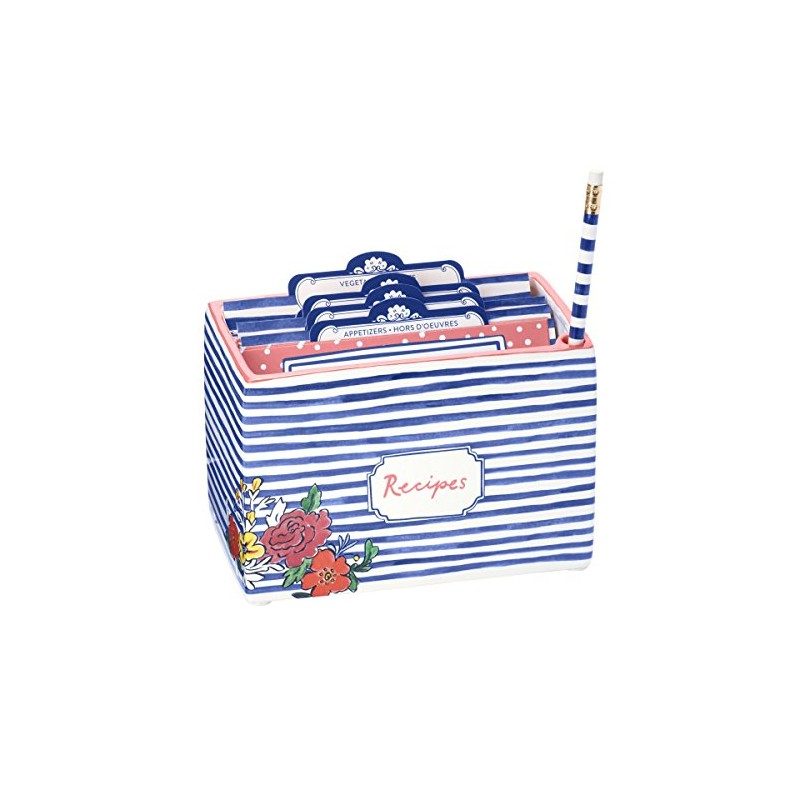C.R. Gibson White and Blue Striped Floral Recipe Box, with