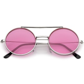 zeroUV Mid Size Flip-Up Colored Lens Round Django Sunglasses 49mm (Silver/Pink)