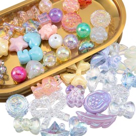 90-120PCS Large Acrylic Colorful Glitter Assorted Beads for Bracelet Making UV Plating Focal Beads for Pens Round Flower Bow Bear Heart Candy Cute Bead for DIY Jewelry Necklace Keychains Phone Charm