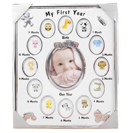 MIMIA Birthday Celebration Baby Photo Frame with 12 Months Growth Record in 1 Memorial Wall Hanging Picture Frame Baby Frame Blue (White)