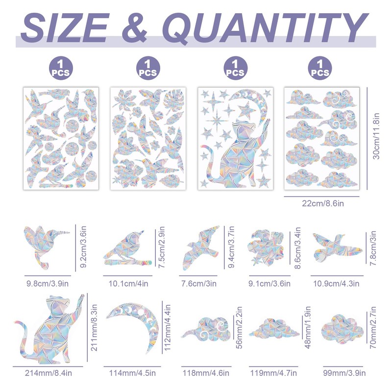 Pack of 53 Suncatcher Stickers, Rainbow Foil Window, Anti-Collision Window