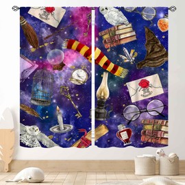 TKUYO Witchy Curtains, Magic Wizard Mysterious Galaxy Planet Outer Spooky Magical Book Hat Owl Blackout Window Drapery Treatments for Bedroom Living Room Kitchen Bathroom, 42"x45" Inch