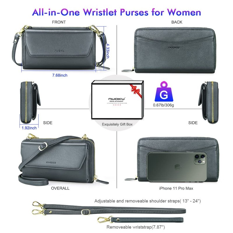 nuoku Womens RFID Wallet Purse Wristlet Crossbody Clutch with Zip