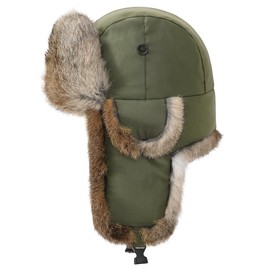 Harssidanzar Rabbit Fur Aviator Hats for Men and Women Waterproof Winter Warm Trapper hat CU606CA, Army Green,Size Small