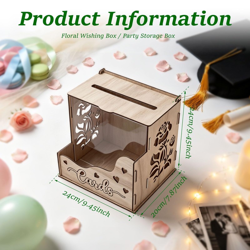 MRSUPP Wooden Wedding Card Box, Hollow Acrylic Window, 24x20x24cm