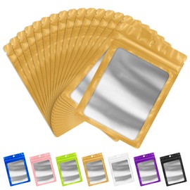 FUNFERY 100 Pack Mylar Resealable Bags Foil Packaging Bags with Clear Window,Zipper Pouch Smell Proof Bags for Food Storage,Cookies,Sample,Small Business(Gold,2.4x3.9inch)