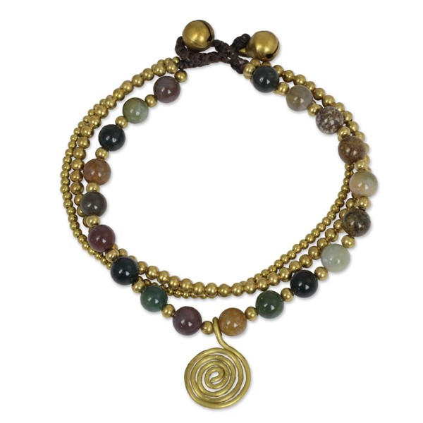 NOVICA Artisan Handmade Jasper Beaded Bracelet Thai Brass Gold Tone