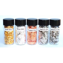 Gold, Silver, Copper, Platinum, Palladium element samples in 7ml glass vials