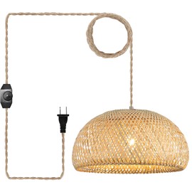Bamboo Large Plug in Pendant Light with 14ft Handmade Woven Light Cord, Dimmable Switch, Rustic Basket Hanging Lamp for Bedroom Kitchen Island Farmhouse Dining Room Living Room,17.8 inch Width