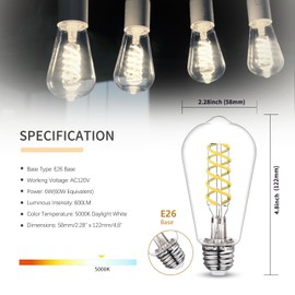 Austin Coast 4 PCS ST58 (ST19) LED Edison Bulbs, Dimmable Vintage Antique LED Filament Light Bulbs, 6W Equivalent 60 Watt, Daylight 5000K, 600 Lumens, E26 Base, Clear Plastic