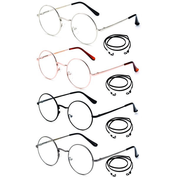 Newbee Fashion 4 Packs Round Reading Glasses with Lanyards Metal Frame Slim Rim Spring Hinge Circle Frame Vintage Reading Glasses +1.75
