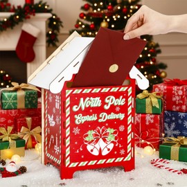 BrightRow 13.8 x 9 x 7 Inch Christmas Mailbox Letters to Santa Claus Wooden Red North Pole Mailbox Retro Outdoor Postbox for Home Classroom Gift Wish List Mantel Entryway Decorations