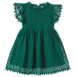 Niyage Toddler Girls Elegant Lace Pom Pom Flutter Sleeve Party Princess Dress Dark Green 130