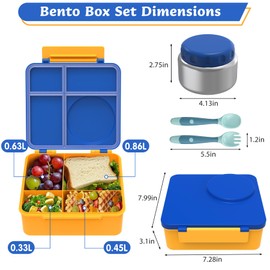 Bento Lunch Box Set for Kids with 8oz Soup Thermo, Leak-Proof Lunch Containers with 4 Compartment, Kids Thermo Hot Food Jar and Insulated Lunch Bag for to School (Blue)