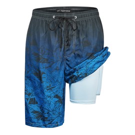 Mens Swim Trunks with Compression Liner 9" Built-in Board Shorts 2 in 1 Quick Dry Bathing Suits with Zipper Pockets, Blue Gradient Leaves, Large