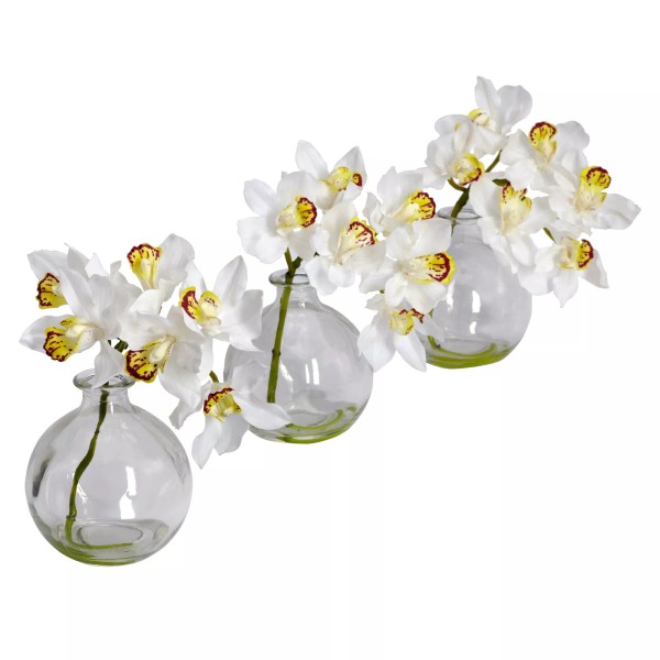 Nearly Natural 3 Pcs Cymbidium W/Vase Silk Flower Arrangement Home