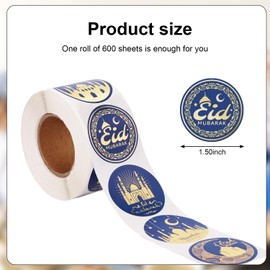 600pcs Eid Mubarak Stickers, Round Ramadan Mubarak Stickers 6 Styles for Kareem Paper Label Large Eid Gift Stickers Ramadan Gift Tags for Kids Craft Eid Party Classroom Home Envelopes (Blue Gold)