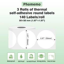 Phomemo 3 Rolls Multifunctional Round Label, 50 x 50 mm (1.96 x 1.96 inches), 140 Labels/Roll, Total 3 Rolls, Compatible with Phomemo M110 M200 M120 M220 M221 Label Printers