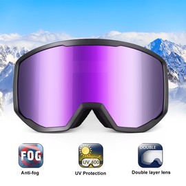 Ski Goggles, Adult Snowboard Goggles for Men Women, OTG Snow Goggles Anti Fog UV Protection (Black Frame Purple)