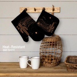 Qeheb Western Desert Black Oven Mitts and Pot Holders Sets, Western Cactus Oven Mitts, Cactus Decor Oven Mitts, Western Black Over Mittens for Kitchen Decor, Western Kitchen Over Gloves Gifts