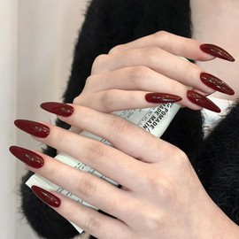 Ztcily Künstliche Nägel, französische Mandel, lang, künstliche Nägel mit Kleber, für Damen, Mädchen, Zubehör oder Geschenkidee, für Hochzeit, Geburtstag, Weihnachten, Valentinstag