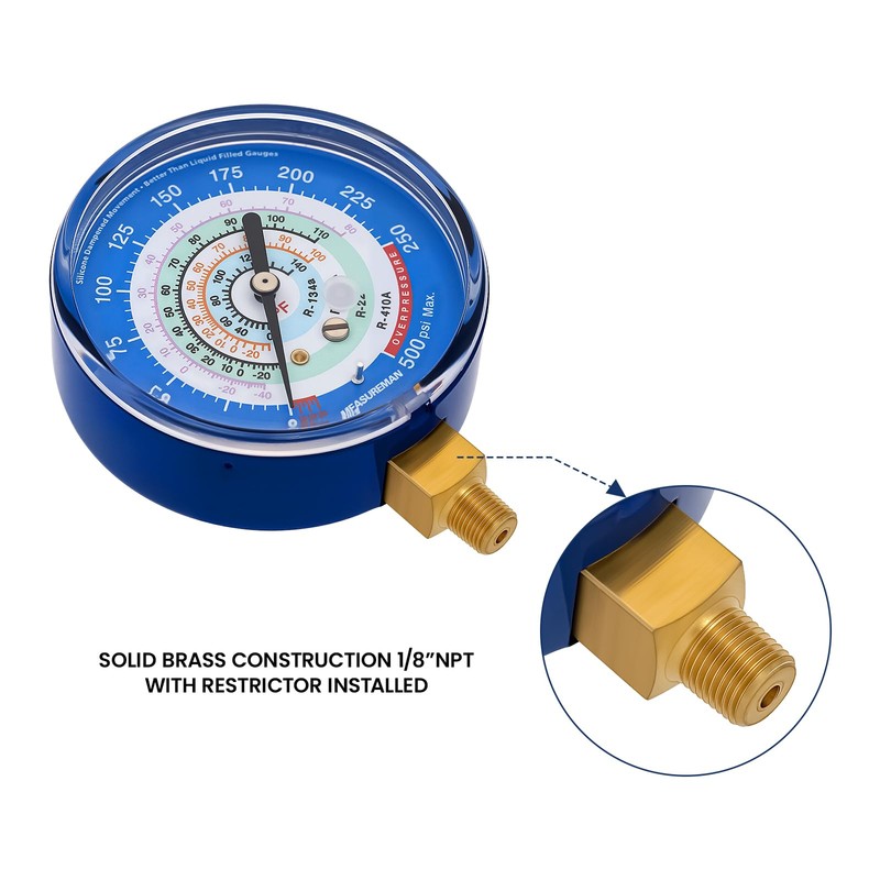 MEASUREMAN Refrigeration Pressure Gauge, 3-1/8” Blue Dial, 30inHg-250psi, 250-500psi Retarded