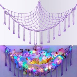 Stuffed  Net or Hammock with LED Light, Hanging Stuffed  Storage  Hammock Net Corner Wall Girls Room Decor  Storage Organizer, Cream, L - Color: Purple, Size: L (39"*39"*59")