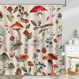 Avezano Mushroom Shower Curtain Natural Retro Mushroom Wild Plant Bathroom Shower Curtain Waterproof Bathtub Curtain Decor with 12 Hooks 72 X 72 Inches