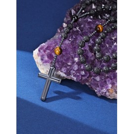 PiercingJak Catholic Rosary Cross Chain Men Women Necklace with Hematite Cross Pendant Gemstone Crystal Jewellery Christian Religious Prayer Communion Christening Gifts for Men Women, Gemstone