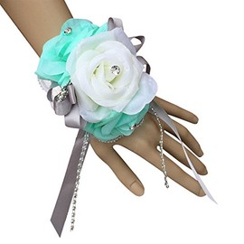 Angel Isabella Wrist Corsage - Aqua Green Ivory Silk Roses-Ready to Use